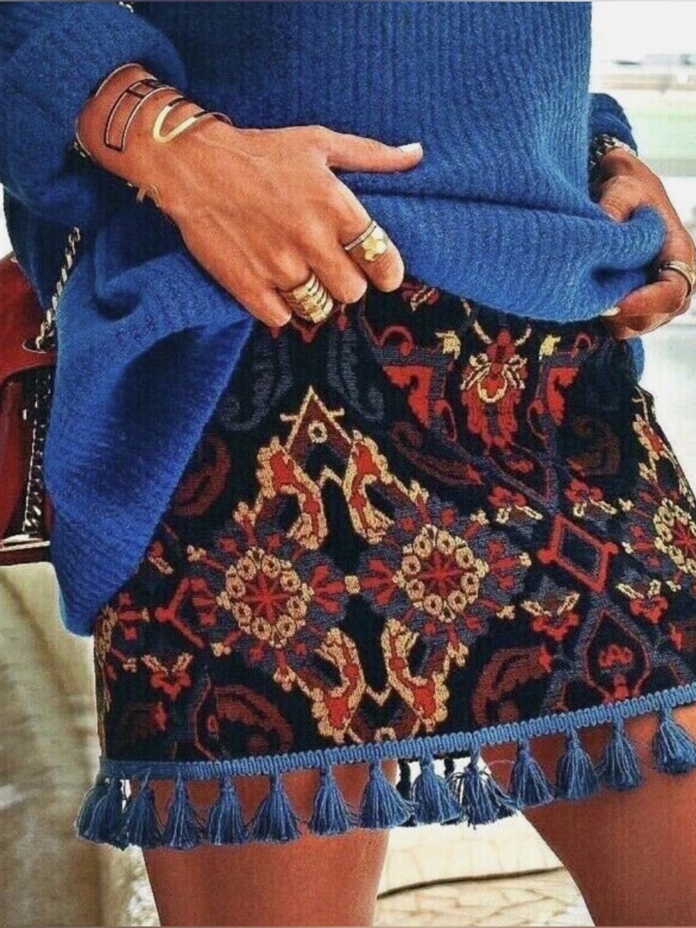 Zara Navy Blue Multicolor Embroidered Tassel Mini Skirt